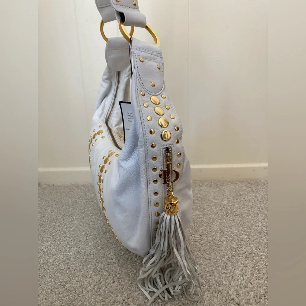 NWT ✨ Y2K Junior Drake White Leather Gold Studded Hobo Handbag Purse Bag